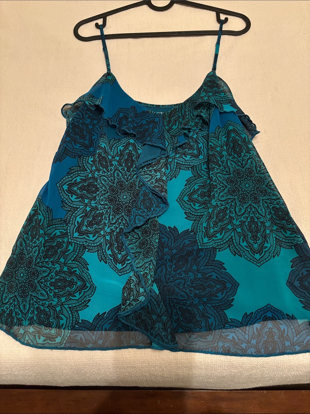 New York & Company Teal Blue Floral Ruffle Spaghetti Strap Camisole